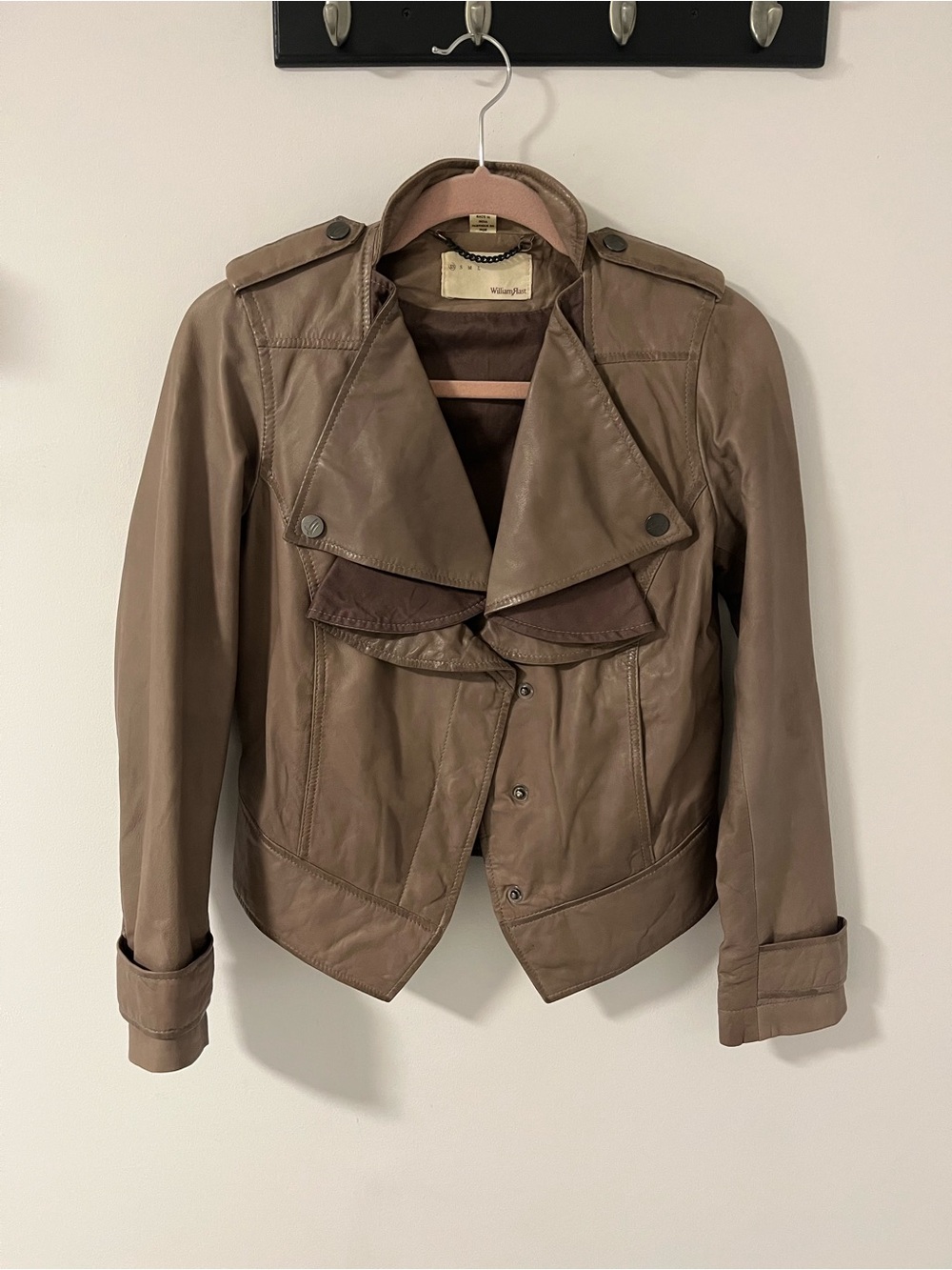 William Rast taupe brown leather moto jacket with ruffle front